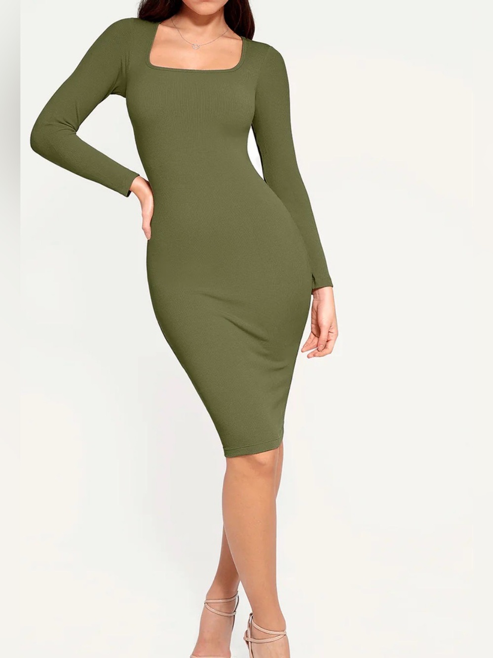popilush Square Neck Long Sleeve Bodycon midi Dress Olive size Large NEW